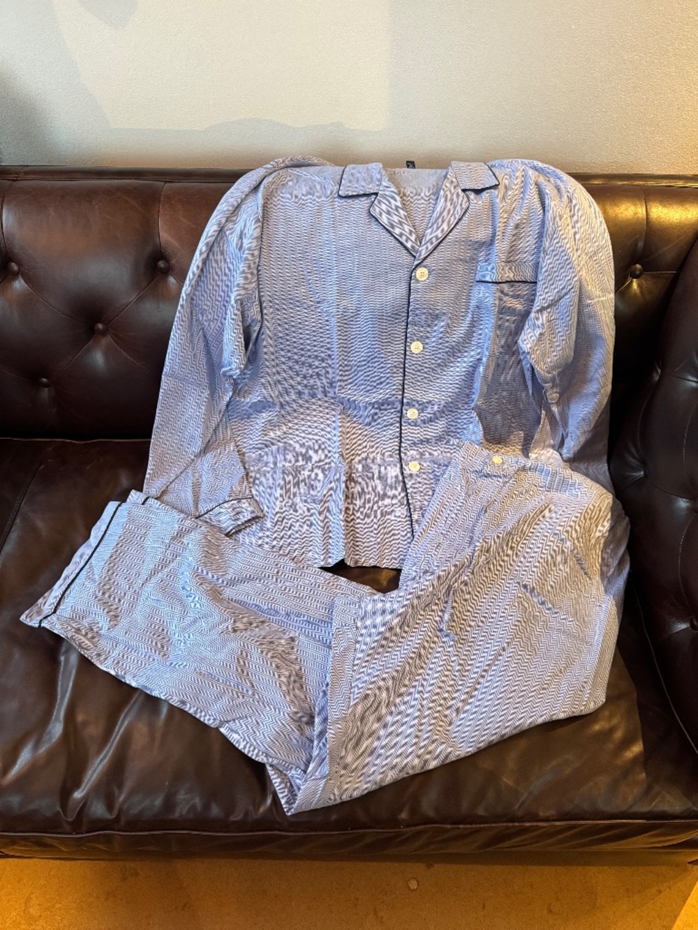 PUCCIO NWOT Men's Cotton Piped Button Up Set in Navy Herringbone Size XXL